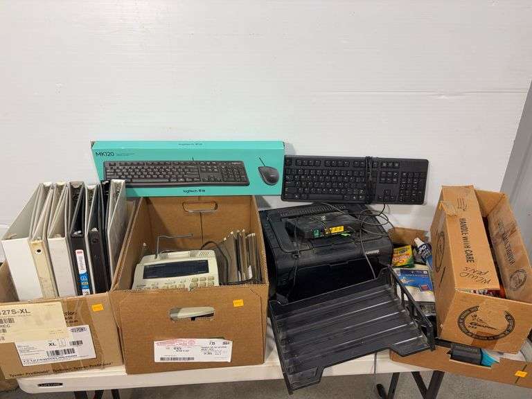Large lot of office supplies including HP printer, Texas Instruments adding machine, folders, binder