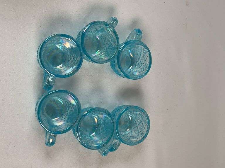 Westmoreland Blue Iridescent Mini Punch Bowl Set w/ 6 Cups – Daisy & Button Pattern