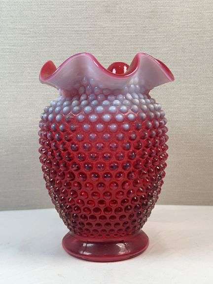 FENTON CRANBERRY OPALESCENT HOBNAIL VASE