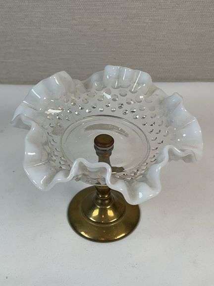 Fenton Hobnail Milk Glass Compote on Brass Base