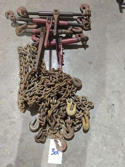 LOT OF 3/8" CHAINS WITH RATCHET BINDERS (4- 10' CHAINS