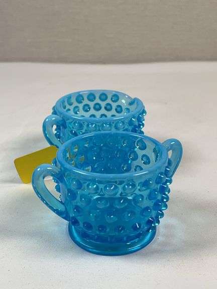 Fenton Blue Opalescent Hobnail Toothpick Holders (Pair)