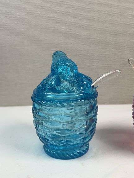 Fenton & Smith Art Glass Honey Jars – Hobnail & Daisy-Button w/ Spoons