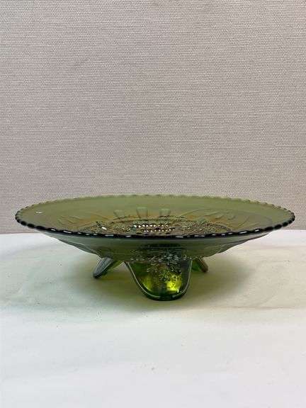 Northwood Green Grape & Cable Carnival Glass Footed Bowl
