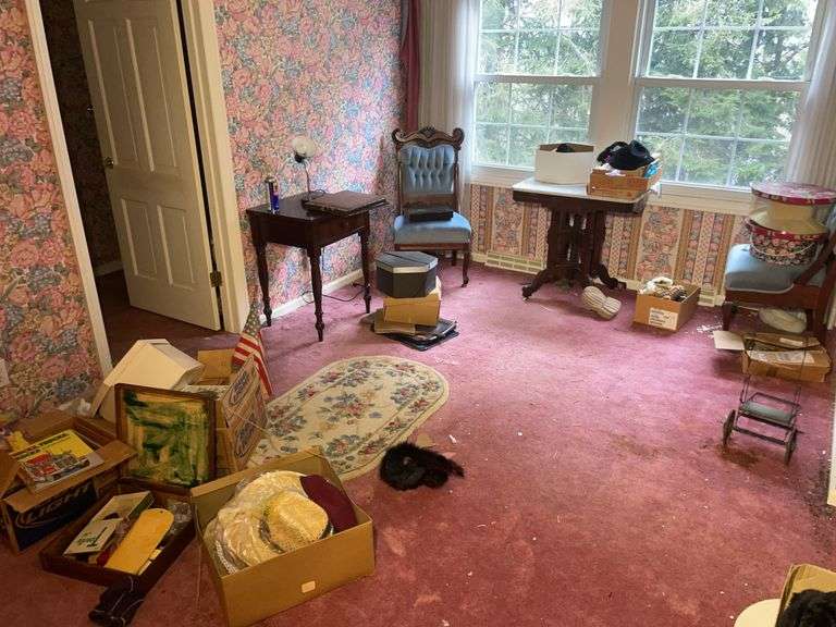 Chair, vintage books, furniture, picture frames, sports items, fur coats, and more