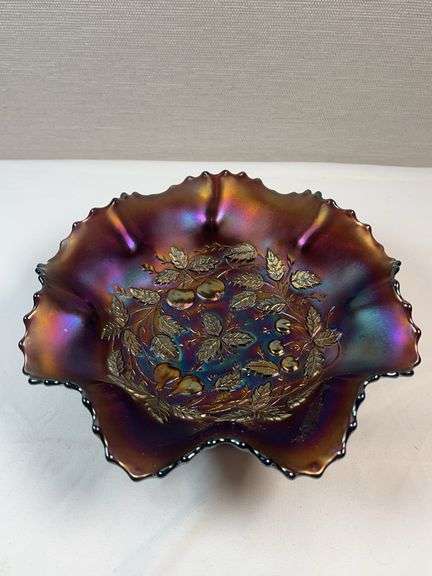 Northwood Purple 3 Fruits Medallion Footed Carnival Glass Ruffled Bowl