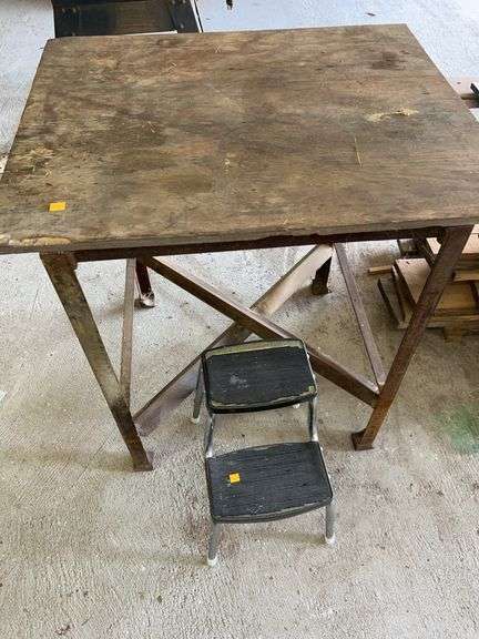 Wooden Top Metal Framed Work Table, Metal Stepstool