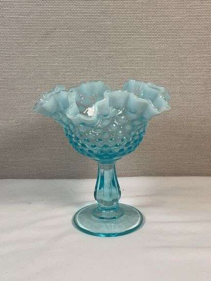 Fenton Blue Opalescent Hobnail Ruffled Edge Footed Compote