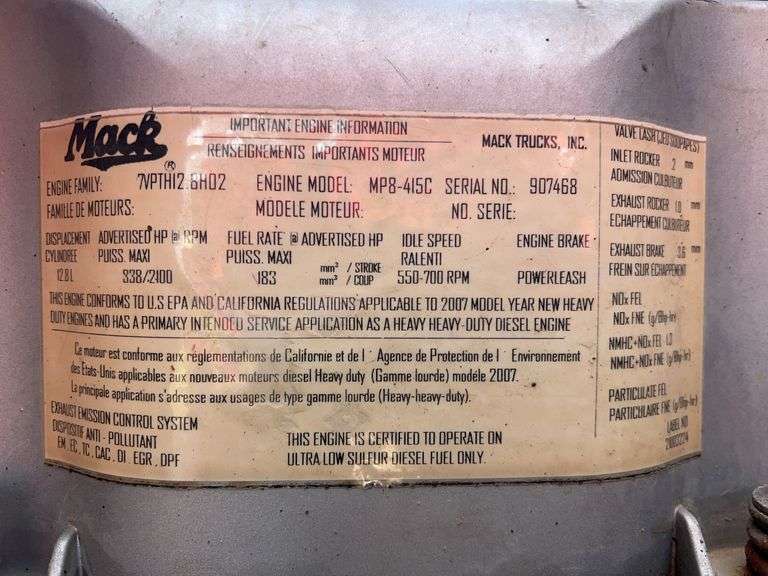 2008 Mack CHU613 showing 61,447 mi, 15,684 hrs - runs