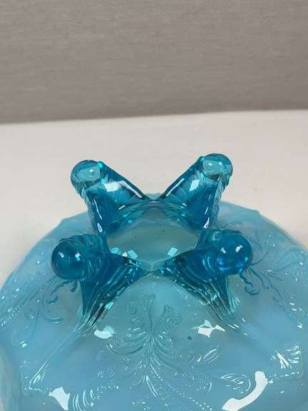 DUGAN BLUE OPALESCENT FOOTED NOVELTY BOWL