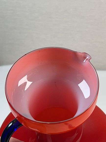 Murano Cased Red Art Glass Pitcher with Cobalt Handle