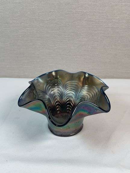 Fenton Blue Carnival Glass Peacock Tail Ruffled Nut Bowl