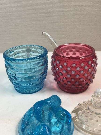 Fenton & Smith Art Glass Honey Jars – Hobnail & Daisy-Button w/ Spoons