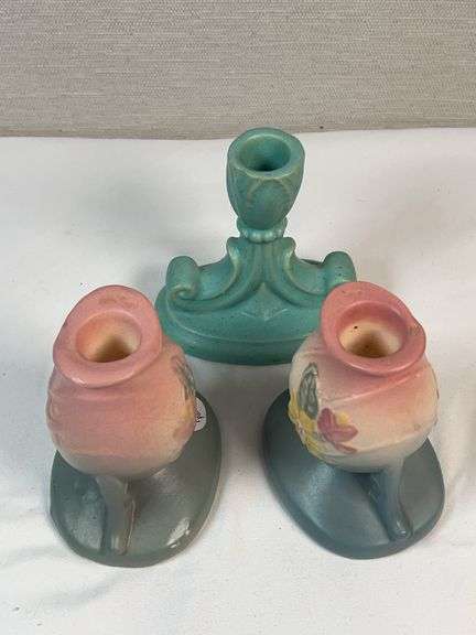 Mid-Century Art Pottery Group – Floral Vases & Turquoise Candlestick