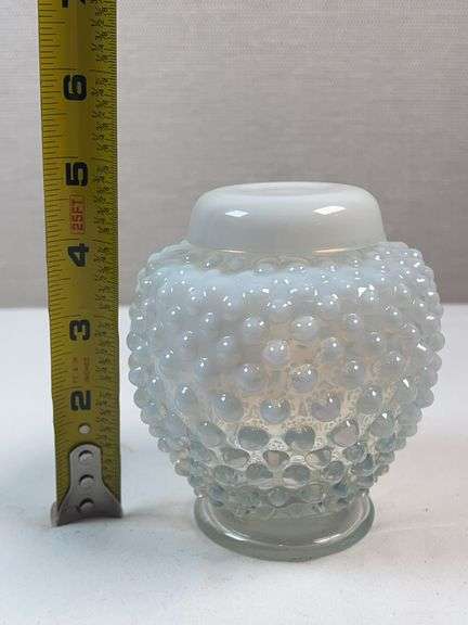 Fenton White Clear Glass Hobnail French Opalescent Ginger Jar Vase