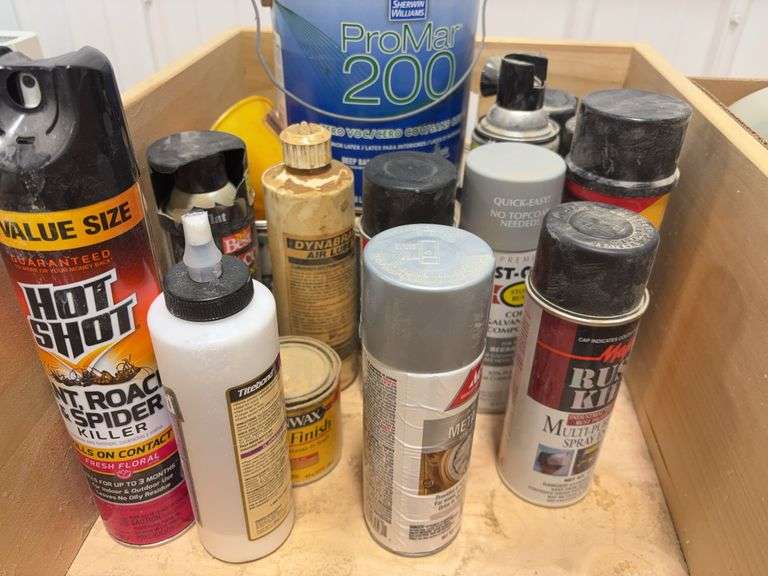 Wooden box & other box of spray paint & stain, brake & parts cleaner, degreaser & more