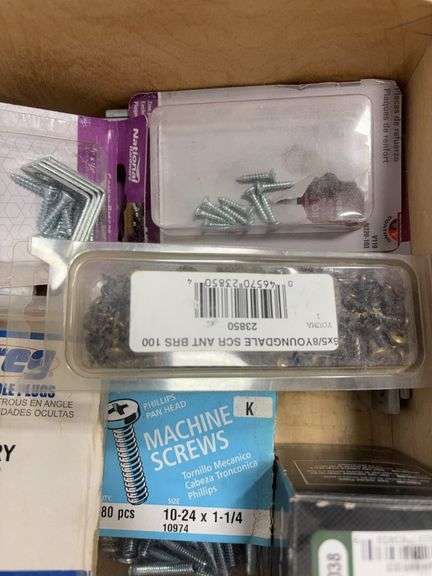 Wooden organizer box w/ fasteners, misc. hardware & more