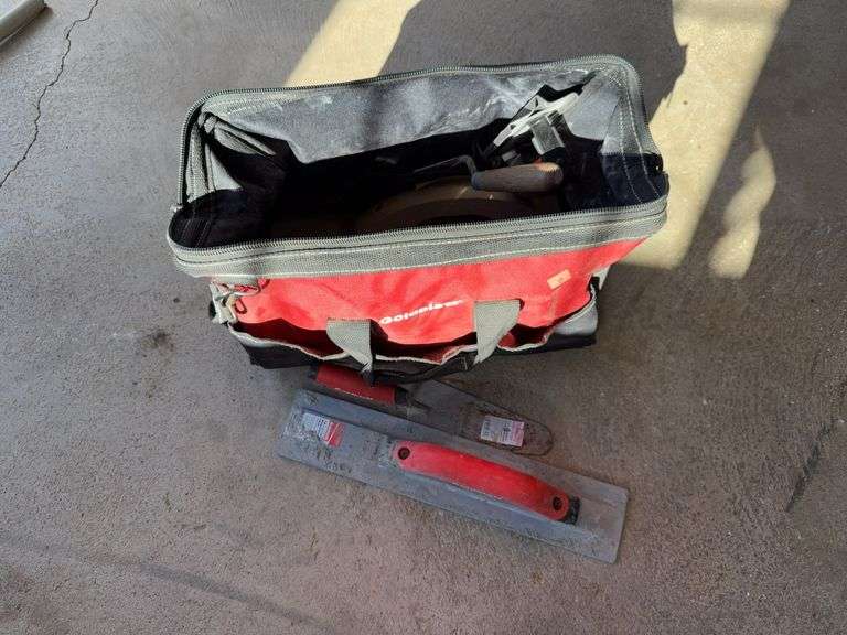 Work Bag with concrete tools; trowels floats