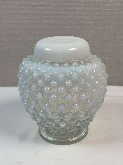 Fenton White Clear Glass Hobnail French Opalescent Ginger Jar Vase