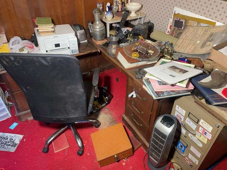 Corner desk, framed picture, printer, sports items, and more