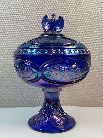 Fenton Blue Carnival Glass Bicentennial Covered Compote Candy Dish Eagle Finial