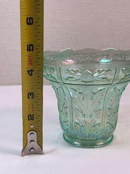 Jeannette “Iris & Herringbone” Iridescent Green Vase / Spooner