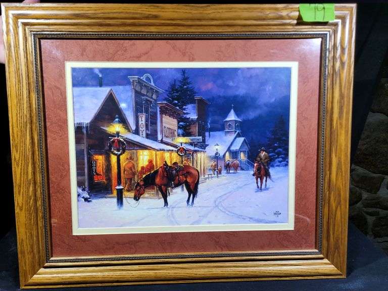 FRAMED ARTWORK- JACK SORENSON - HORSE & TOWN SCENE- lights up