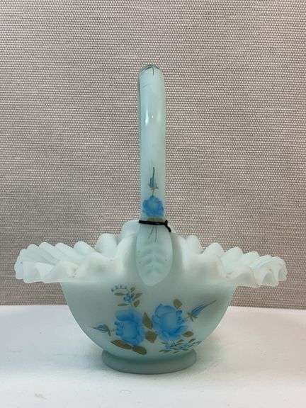 FENTON BLUE SATIN HAND PAINTED ROSES SIGNED BASKET