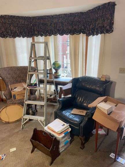 Wooden stands, (2) upholstered chair, ladder, lamp & more