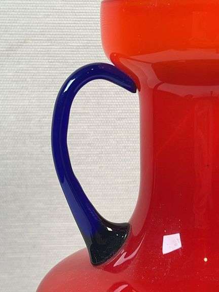 Murano Cased Red Art Glass Pitcher with Cobalt Handle