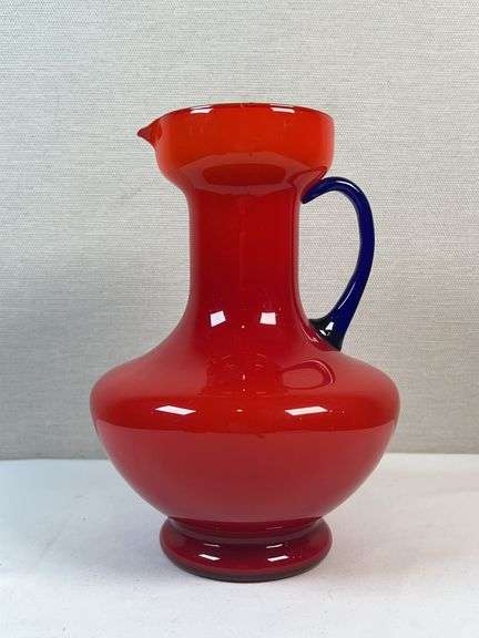 Murano Cased Red Art Glass Pitcher with Cobalt Handle