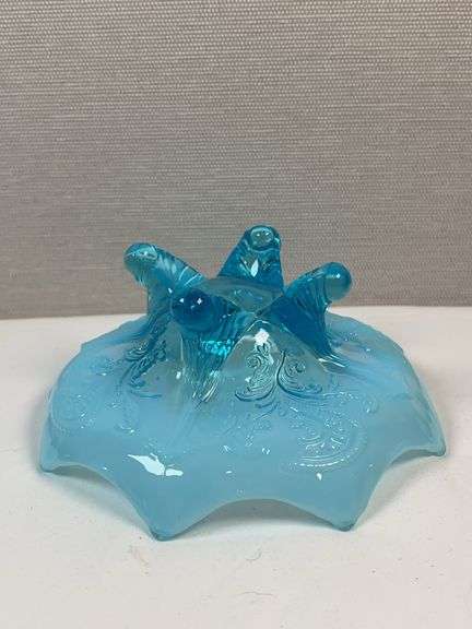 DUGAN BLUE OPALESCENT FOOTED NOVELTY BOWL