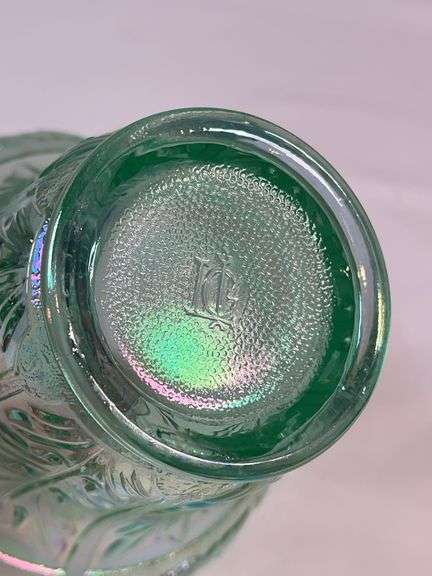 Jeannette “Iris & Herringbone” Iridescent Green Vase / Spooner