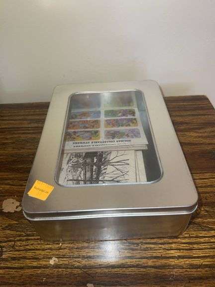 Tin of Vintage Christmas Stickers and Postcards