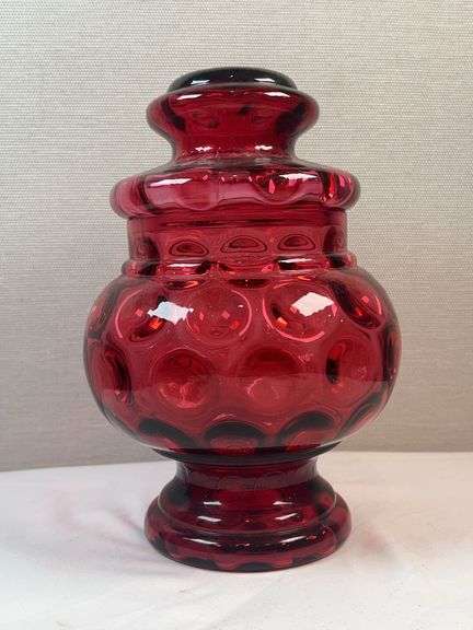 Fenton Cranberry Glass Thumbprint Coin Dot Covered Apothecary Candy Jar Dish