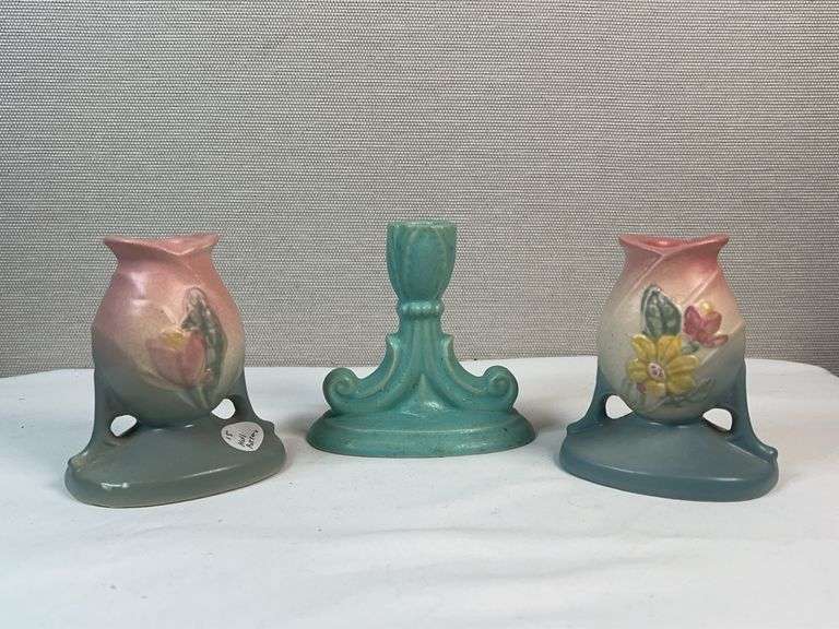Mid-Century Art Pottery Group – Floral Vases & Turquoise Candlestick