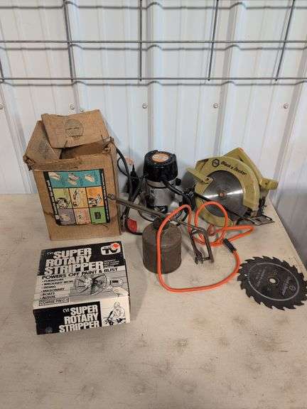 Black and Decker circular saw, router, oil can, and more