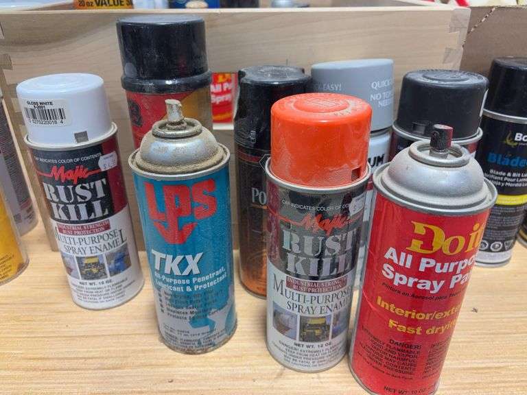 Wooden box & other box of spray paint & stain, brake & parts cleaner, degreaser & more