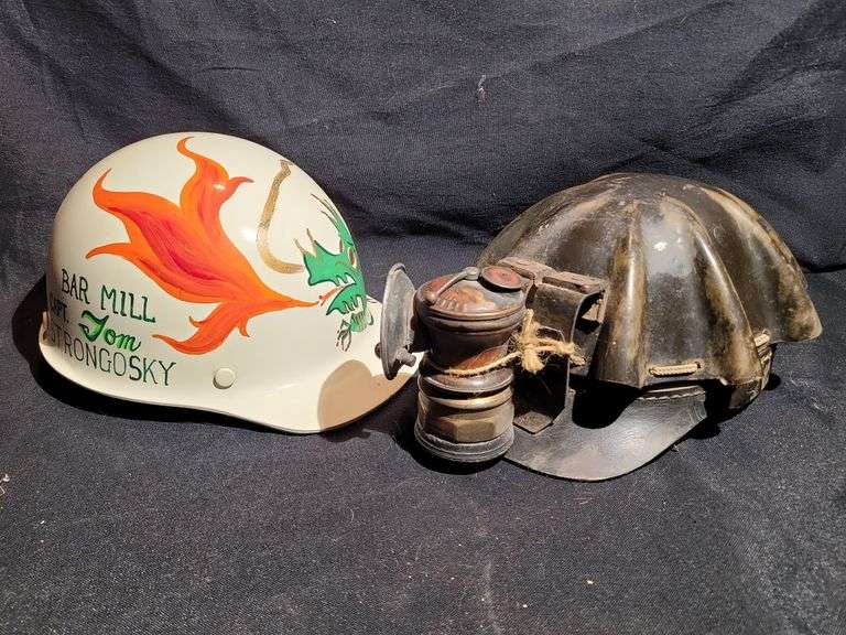 VINTAGE COAL MINERS HAT & HELMET WITH PAINTED DRAGON
