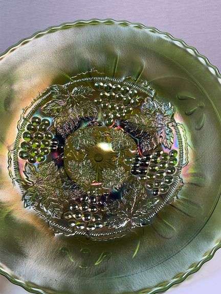 Northwood Green Grape & Cable Carnival Glass Footed Bowl