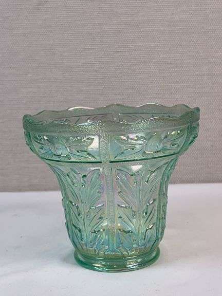 Jeannette “Iris & Herringbone” Iridescent Green Vase / Spooner