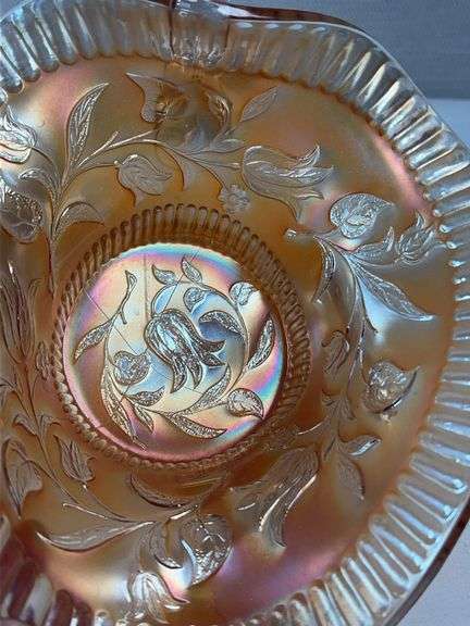 Fenton Marigold Carnival Glass “Orange Tree” Handled Nappy