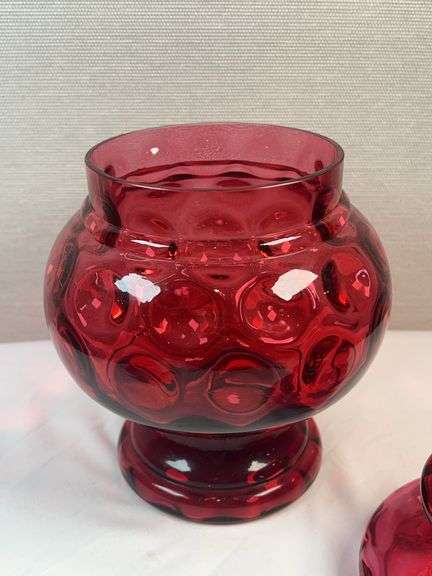 Fenton Cranberry Glass Thumbprint Coin Dot Covered Apothecary Candy Jar Dish