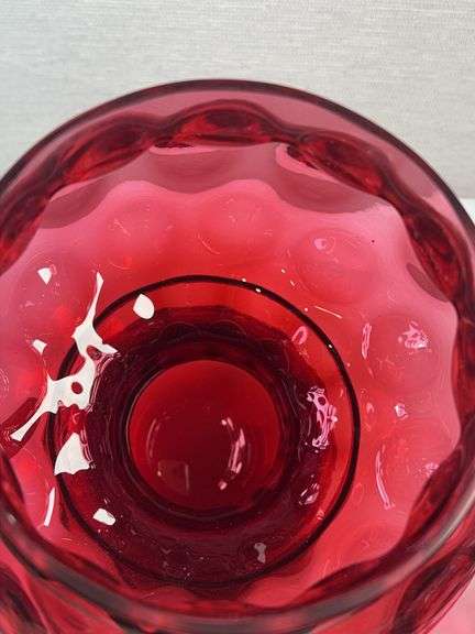 Fenton Cranberry Glass Thumbprint Coin Dot Covered Apothecary Candy Jar Dish