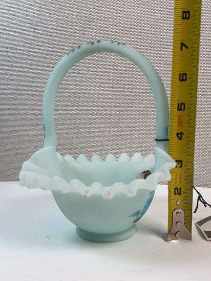 FENTON BLUE SATIN HAND PAINTED ROSES SIGNED BASKET