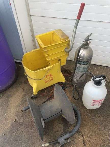 Mop bucket, 2-gallon sprayer & Fyr Fighter fire extinguisher, & hose reel