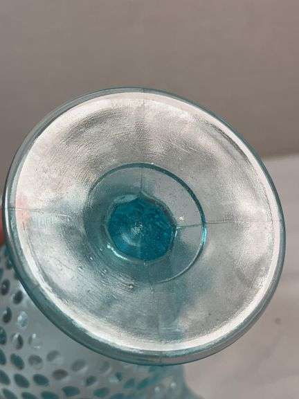 Fenton Blue Opalescent Hobnail Ruffled Edge Footed Compote