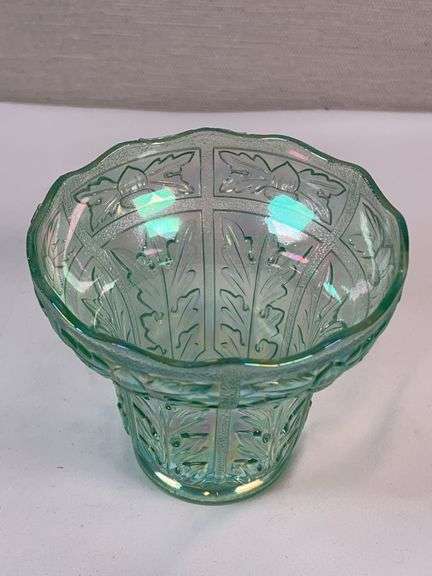 Jeannette “Iris & Herringbone” Iridescent Green Vase / Spooner