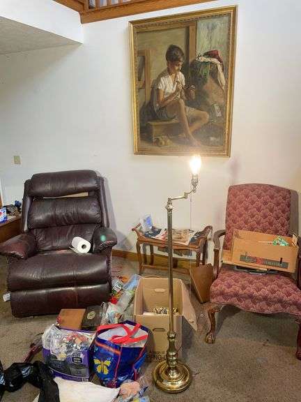 Upholstered chair, reclining chair, toys, wooden stands & more