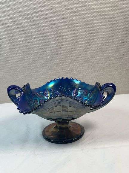 Northwood Cobalt Blue Fruits & Flowers Carnival Glass Handled Bonbon Dish